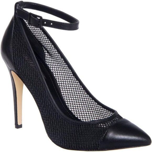 BCBGeneration Cynthia Mesh Pointed Toe Ankle Strap Pump Black Leather 8.5 M - Picture 1 of 16